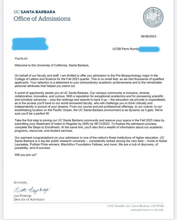 UCSB Appeal Acceptance Letter